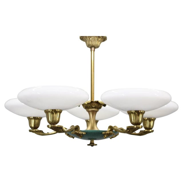 Art Deco Brass and White Glass Chandelier from Lyfa, Denmark, 1940s For Sale - Image 12 of 12