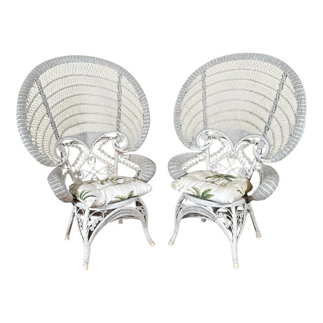 Vintage Boho Chic White Wicker Peacock Fan Back Chairs With Custom Cushions Pair For Sale