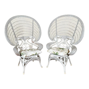 Vintage Boho Chic White Wicker Peacock Fan Back Chairs With Custom Cushions Pair