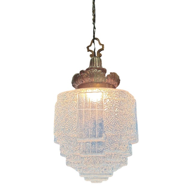 Art Deco Copper Acanthus Leaf Pendant Light W Skyscraper Cobalt Blue Glass Shade For Sale - Image 9 of 9