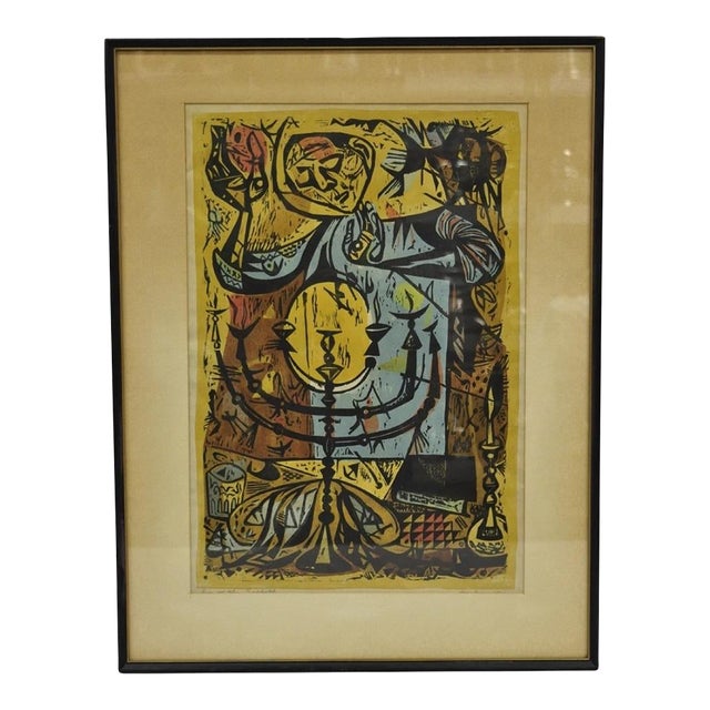 Vintage Irving Amen "Eve of the Sabbath" Woodblock Print Judaica Art, Signed For Sale