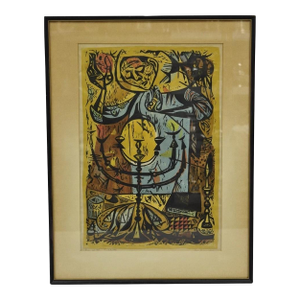 Vintage Irving Amen "Eve of the Sabbath" Woodblock Print Judaica Art, Signed