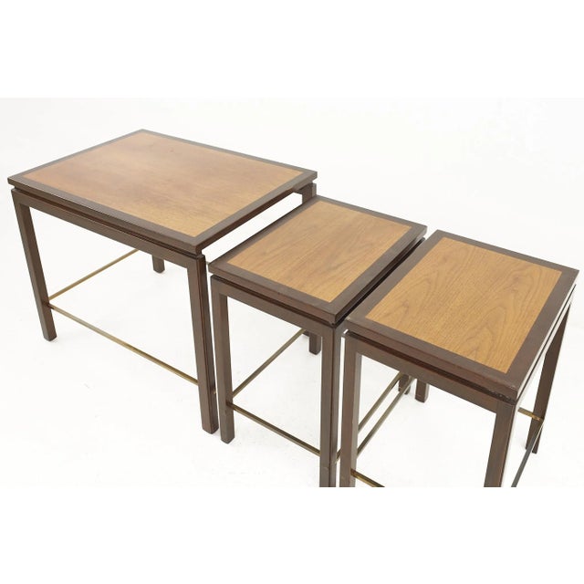 Edward Wormley for Dunbar Mid Century Brass and Mahogany Nesting Table Set For Sale - Image 9 of 11