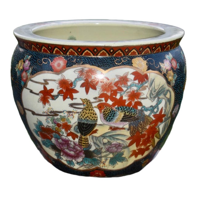 Vintage Satsuma Style Ceramic Fish Bowl Planter Birds Floral Gold Gilt Large For Sale