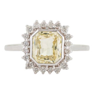 14k White Gold Yellow Sapphire & Diamond Art Deco Ring Size 5.5 For Sale