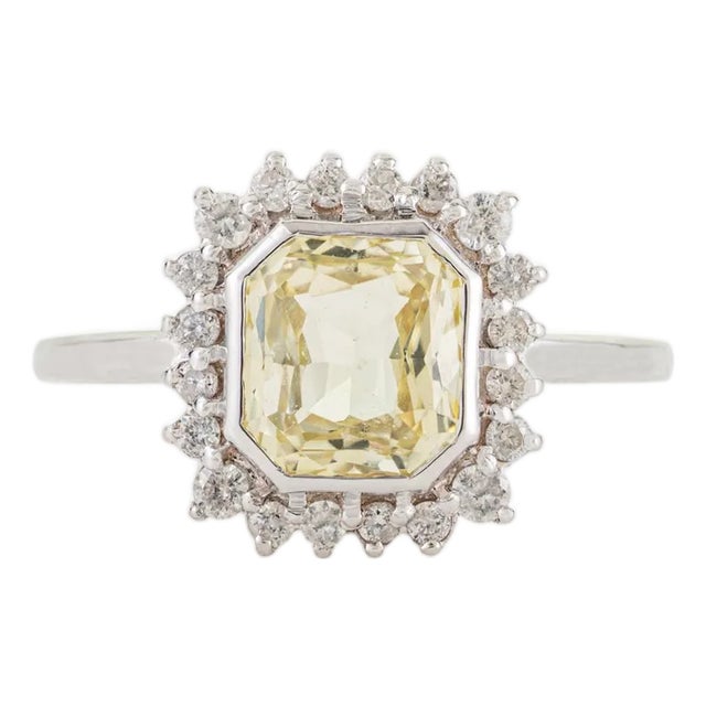 14k White Gold Yellow Sapphire & Diamond Art Deco Ring Size 5.5 For Sale