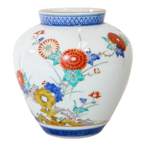 Signed Japanese Arita Kakiemon Vase With Flowers Design 1950s