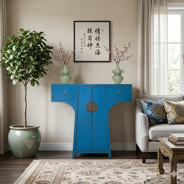 Chinese Moon Face T-Shape Benitoite Blue Drawers Side Table Cabinet For Sale - Image 9 of 9