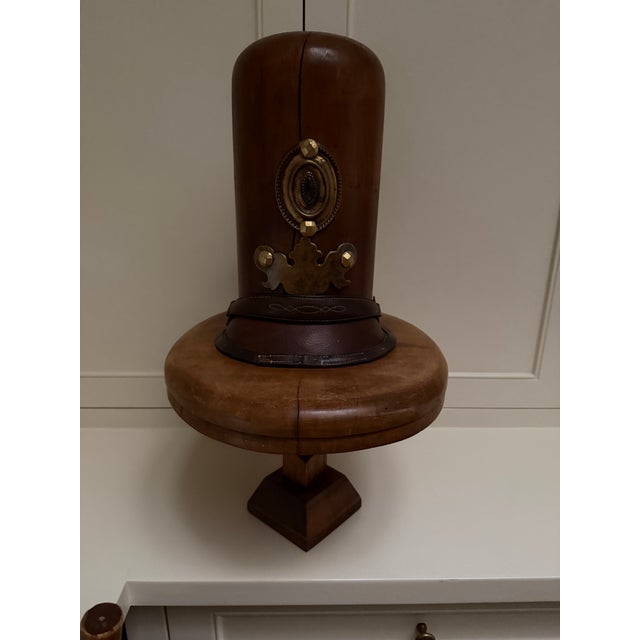 Brown English Bobby Wood Vintage Hat Form Stand With Brass & Leather Details For Sale - Image 8 of 9