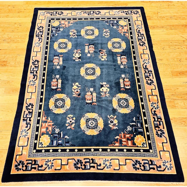 Vintage Art Deco Chinese Rug, Handwoven Wool Pile, Floral Design, Blue, 6' x 8' For Sale In Chicago - Image 6 of 14