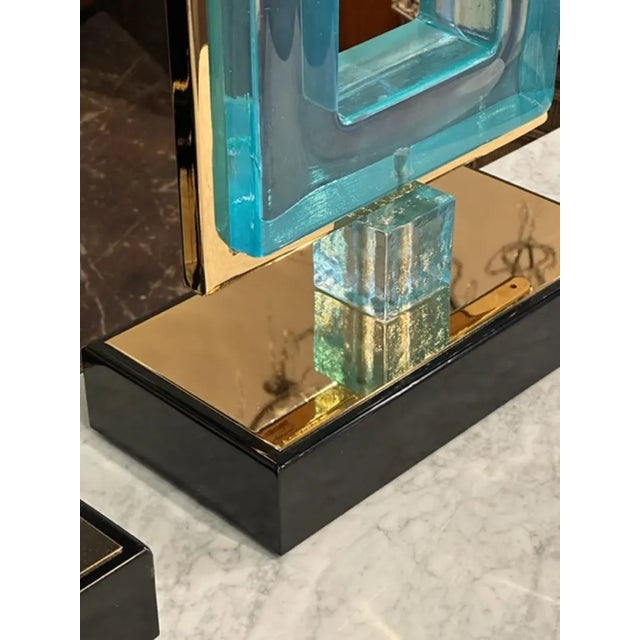 Pair of Blue Square Murano Glass Lamps For Sale In Dallas - Image 6 of 7