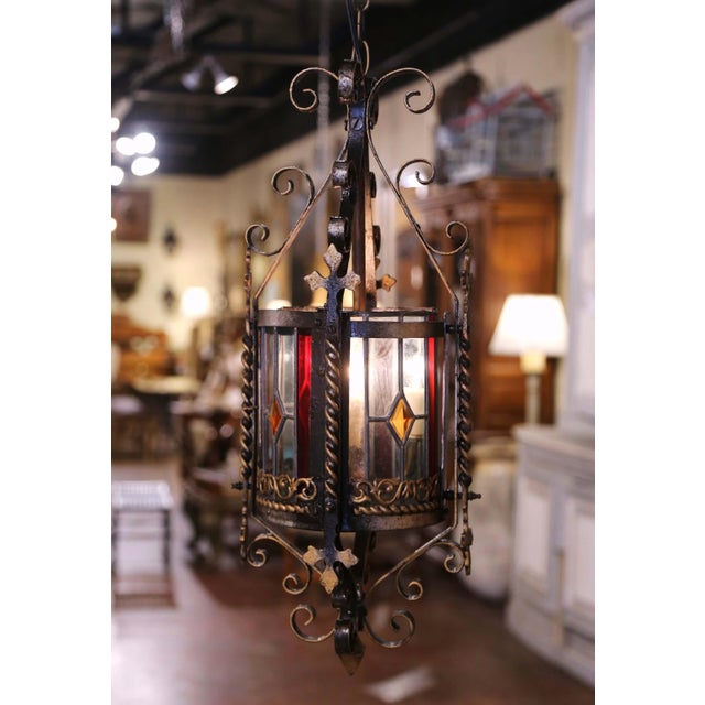 19th Century French Napoleon III Round Iron Lantern With Stained Glass Panels For Sale - Image 4 of 5