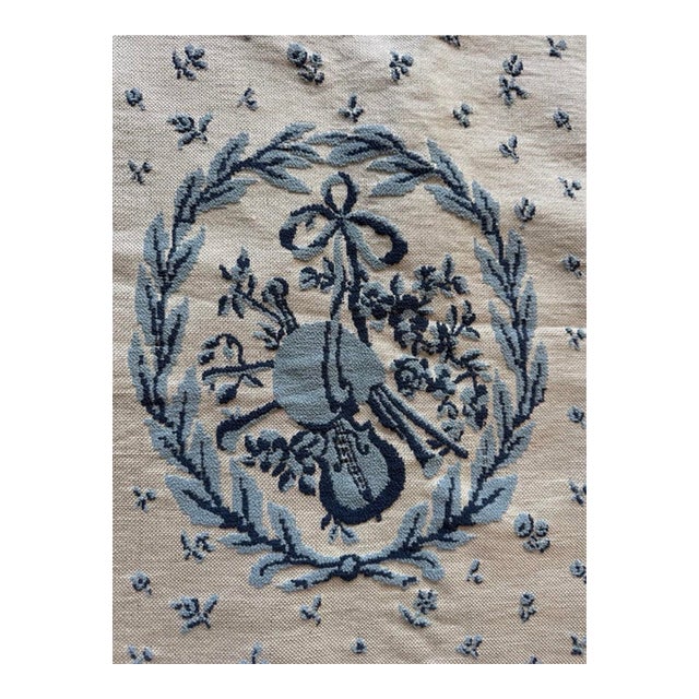 Brunschwig & Fils Woven Tapestry Upholstery Pillow Fabric Blue Laurel & Violin Vintage 28x49 For Sale