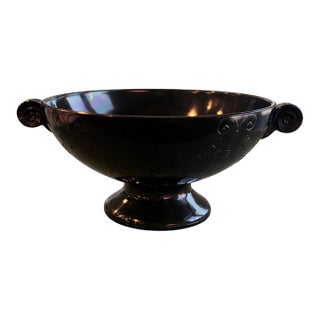 Vintage Early–Mid 20th Century Black Glass Pedestal Compote With Scroll Handles – 11” For Sale