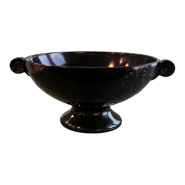 Vintage Early–Mid 20th Century Black Glass Pedestal Compote With Scroll Handles – 11” For Sale
