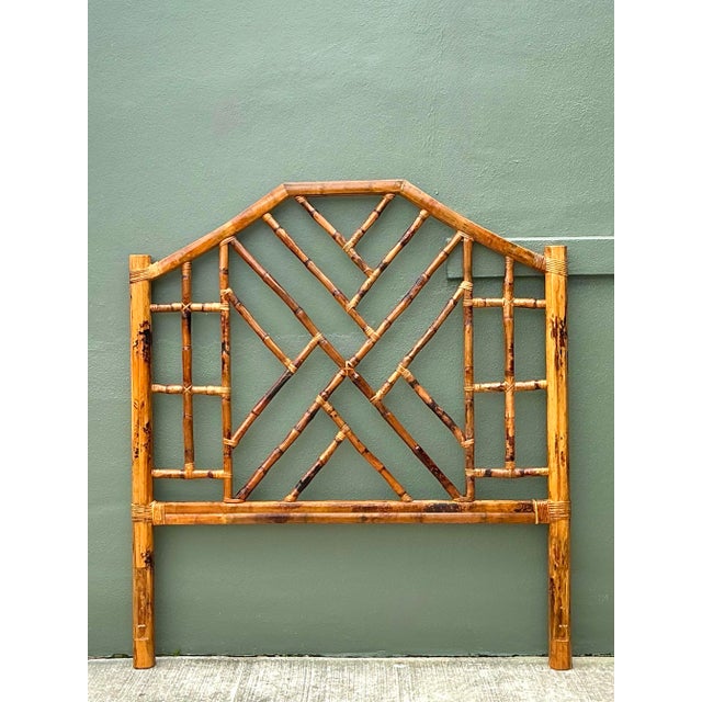Tan Vintage Kenian Burnt Bamboo a Chinese Chippendale Queen Headboard For Sale - Image 8 of 12