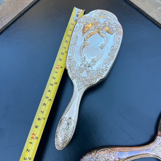 Metal Trio Vintage Silver Plated Vanity Set- Hand Held Mirror, Brush, and Comb For Sale - Image 7 of 10