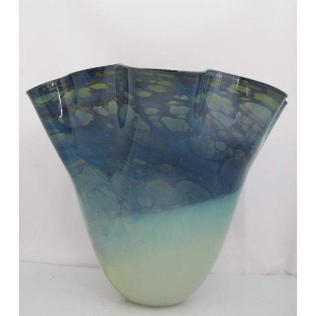 Tim Chilina Oregon Hand Blown Mottled Blue Green Ruffled Studio Art Glass Vase For Sale In Portland, OR - Image 6 of 11