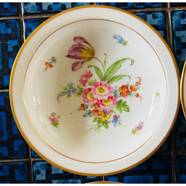 Antique Hand Painted Floral Motif Dresden Porcelain Dessert / Fruit Dishes ~ Set of 6 For Sale - Image 9 of 10