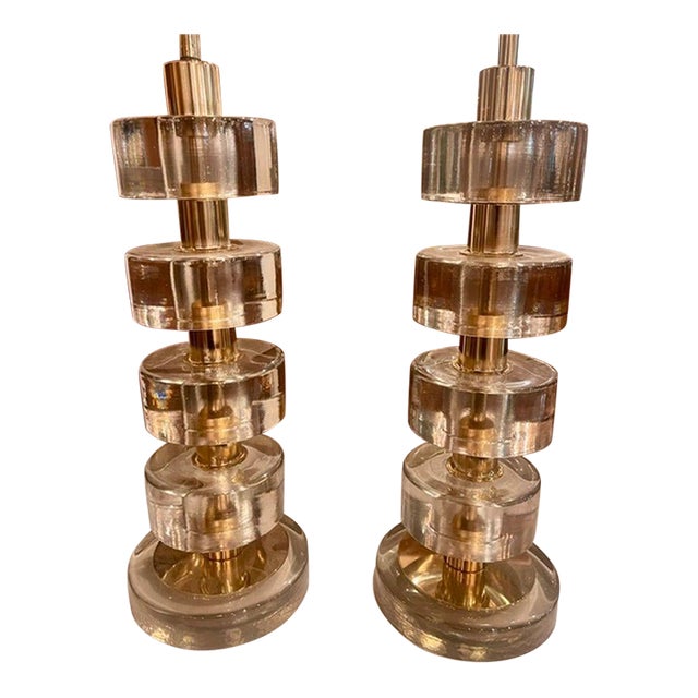 Pair of Murano Clear Glass and Brass Disc Lamps For Sale