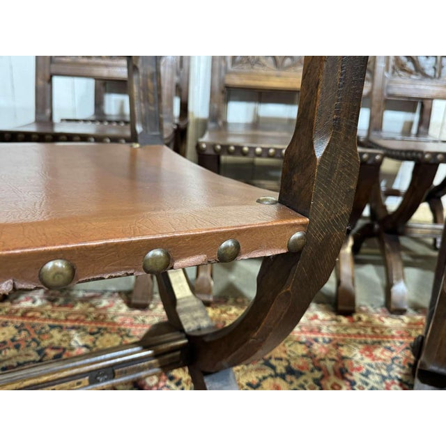 Chairs and Armchairs in Oak and Leather with Gothic Decoration, 1930s, Set of 8 For Sale - Image 3 of 18