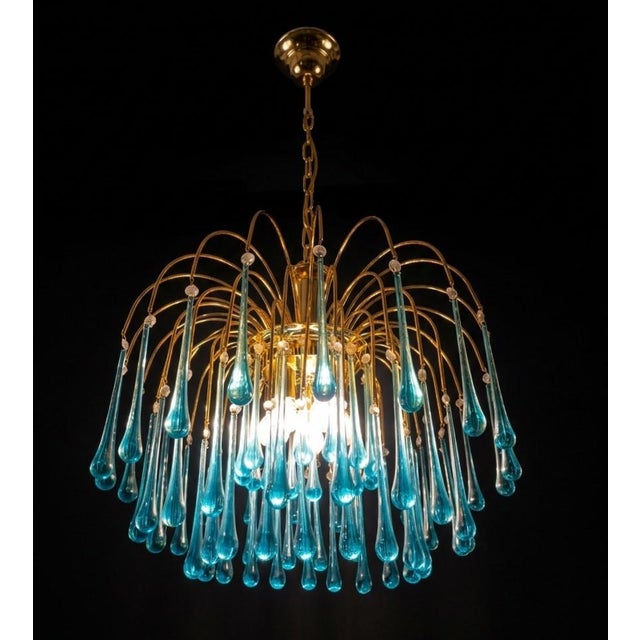 Vintage Gold Rain Chandelier with Handmade Murano Glass Blue Drop, Italy, 1960 For Sale - Image 13 of 13