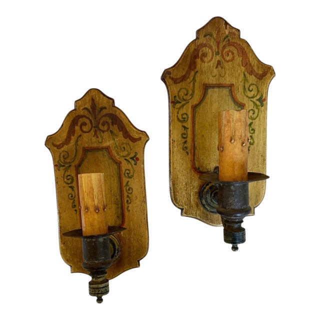 Early 20th Century Wood Painted Wall Sconces With Brass Holders and Original Patina - a Pair For Sale