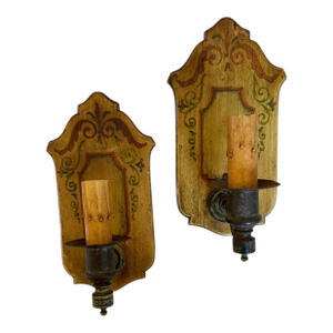 Early 20th Century Wood Painted Wall Sconces With Brass Holders and Original Patina - a Pair