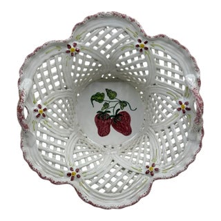 Vintage Ceramic Reticulated White and Pink Decorative Bowl With Raspberries Made in Portugal For Sale