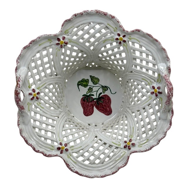 Vintage Ceramic Reticulated White and Pink Decorative Bowl With Raspberries Made in Portugal For Sale