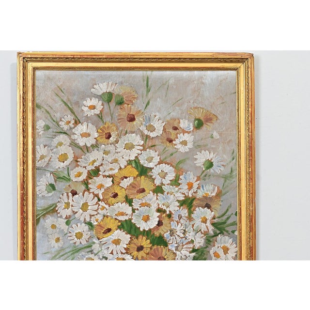 Blue French Vintage Framed Oil Painting of Daisies For Sale - Image 8 of 11