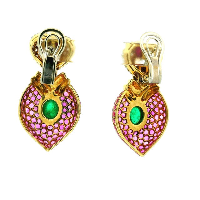 Metal Vintage 1980s 18k Gold Ruby Emerald & Diamond Drop Earrings, Pair For Sale - Image 7 of 11