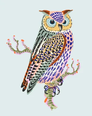 Contemporary Owl Giclée Print in Blue