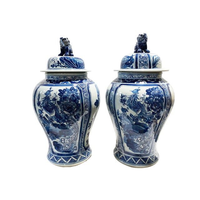Set of Two Large Chinoiserie Blue & White Porcelain Ginger Jars Four Seasons 25" H For Sale In New York - Image 6 of 7