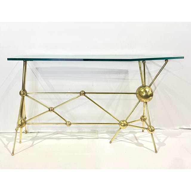 Italian Modern Atomic Planet Design Slim Asymmetrical Brass Sphere Console Table For Sale - Image 17 of 18