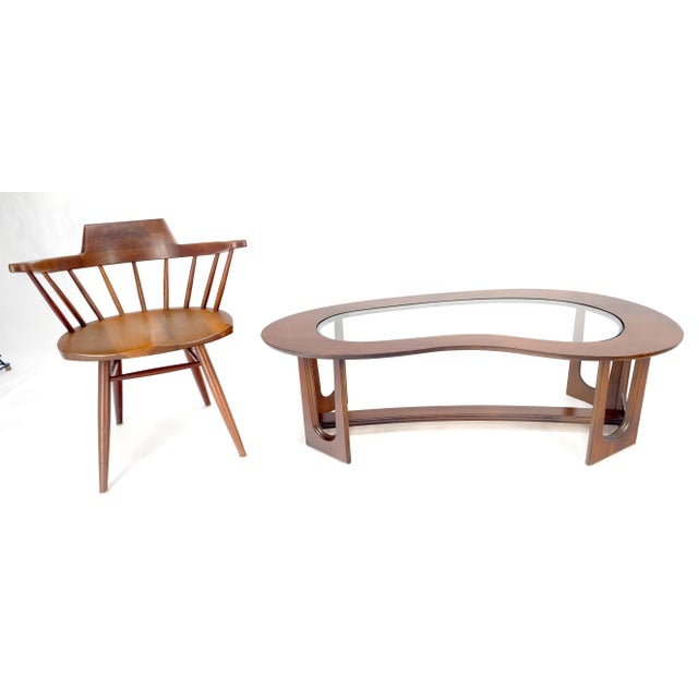 Oiled Walnut Boomerang Kidney Shape Glass Top Stretcher Base Coffee Table Mint! For Sale - Image 14 of 15