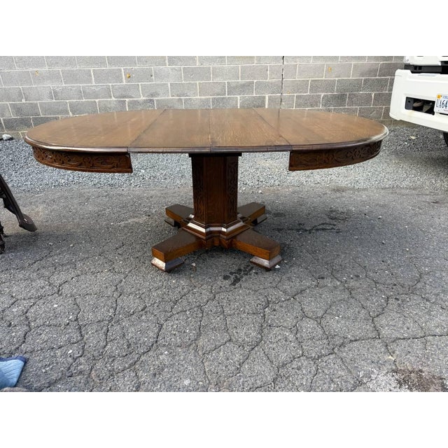 Antique Hand Carved Tiger Oak Pedestal Base Dining Table. For Sale - Image 17 of 17