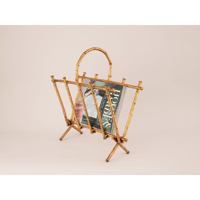 Mid 20th Century Faux Bamboo Gold Iron Magazine Rack For Sale - Image 6 of 7