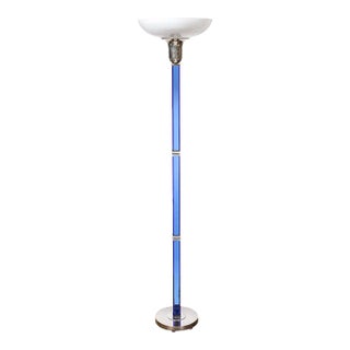 1930s Art Deco Cobalt Blue Glass & Satin Nickel Torchiere With Milk Glass Shade For Sale