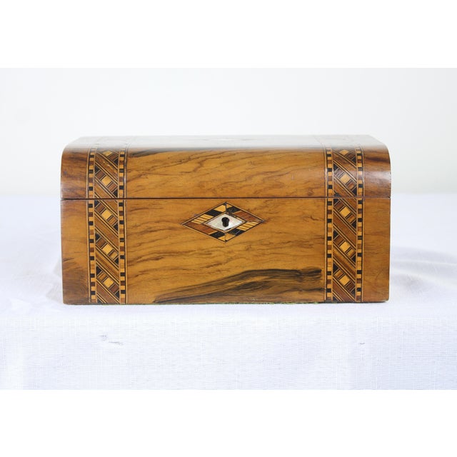 Antique English Walnut Tumbridgeware Jewelry Box | Chairish