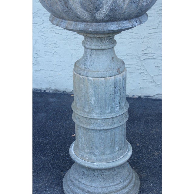 Late 20th Century Vintage Pair Of Carved Granite Three Piece Garden Urns On Pedestals For Sale - Image 5 of 18