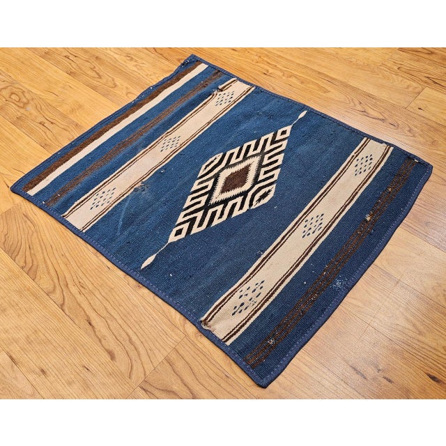 Blue Vintage Mexican Saltillo Serape Kilim Rug, Flat-Woven Wool Blanket, Royal Blue, 2x2 For Sale - Image 8 of 10