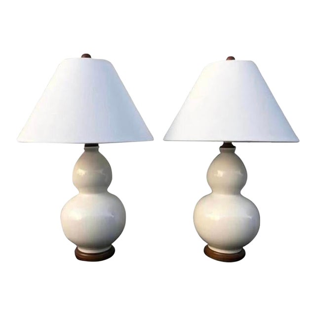 Ralph Lauren Off White Crackle-Glaze Double-Gourd Lamps, a Pair For Sale
