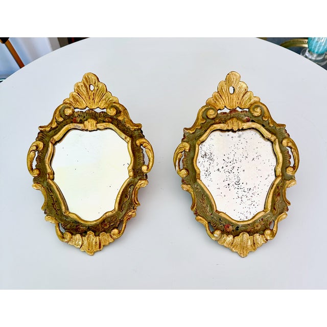 1960s Pair Italian Venetian Painted Gilt Wood Wall Mirror, 1960s For Sale - Image 5 of 16