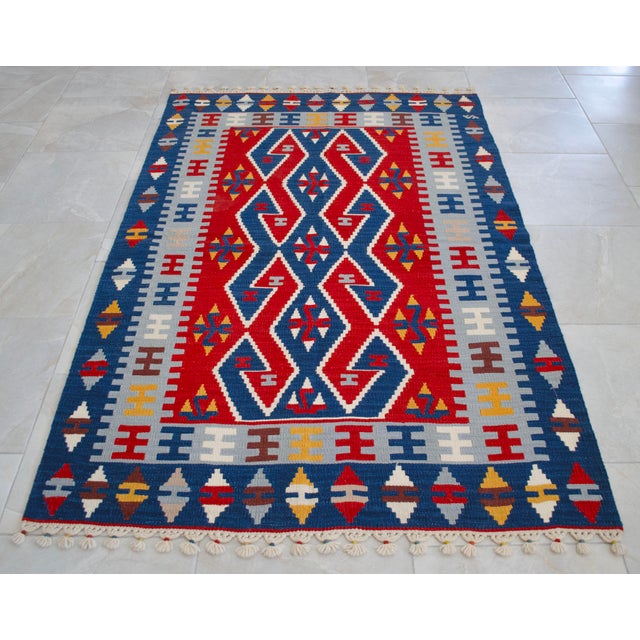 Hand Woven Turkish Rug Colorful Oushak Kilim High Quality Flat Weave Wool Rug - 3′10″ × 5′10″ For Sale - Image 4 of 14