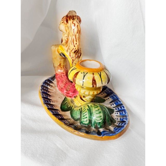 Ceramic Vintage Mid-Century Modern, 1950s Italian Majolica Griffin Chambersticks, Hand-Painted Ceramic Pair For Sale - Image 7 of 16
