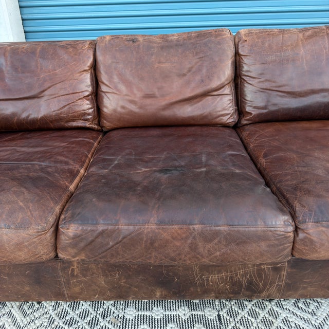 Restoration Hardware Genuine Top Grain Brown Leather Sofa For Sale - Image 13 of 18