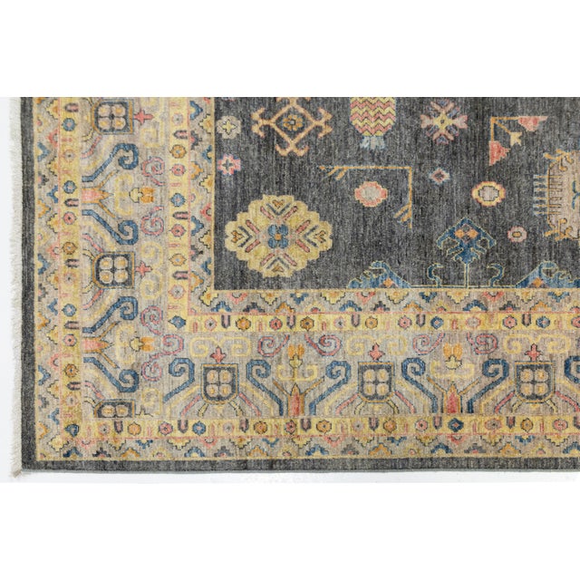 Textile Modern Khotan Style Charcoal Grey & Gold Handmade Wool Rug 10x14 For Sale - Image 7 of 12