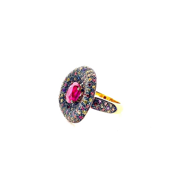 Bochic “Orient” Vintage Natural Ruby & Multi Sapphire Ring Set In 18K Gold & Silver Natural Center Ruby 1.50 Carat Natural...