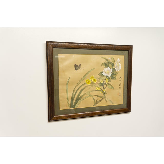Asian Mid 20th Century Framed Asian Floral Print With Butterfly and Calligraph For Sale - Image 3 of 8